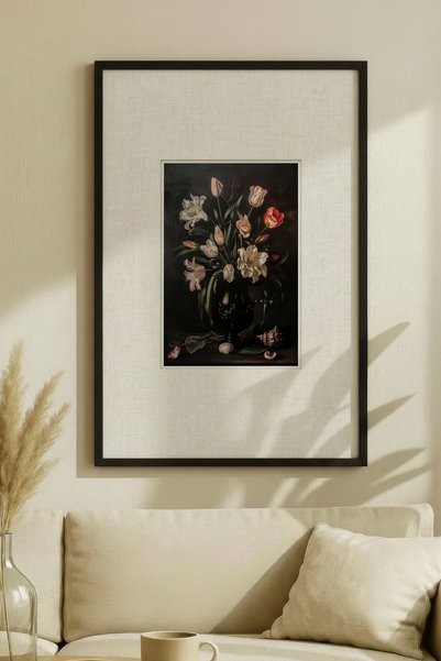 Zevahir Home 1 Piece Black Wooden Framed Flowers Vintage Painting