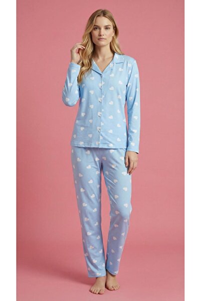 MEBA Costum de pijama sezonier pentru femei, tricotat, cu nasturi și mâneci l...