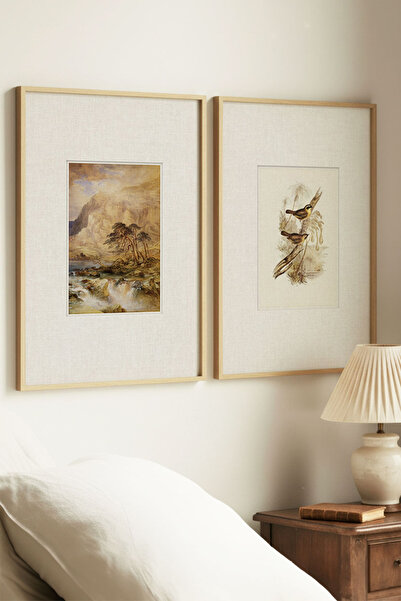 Zevahir Home 2 PIESE TABLIOATE VINTAGE CU CASCADĂ ÎNRAZUITĂ ȘI PĂSĂRI PE RAMU...