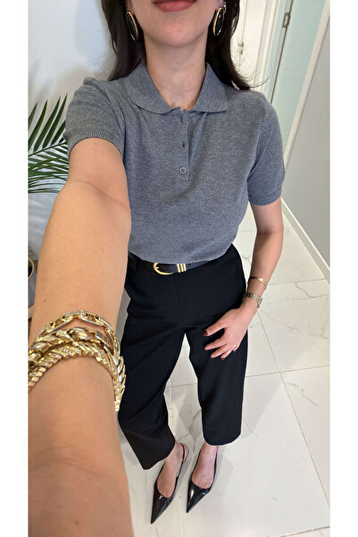 BİRCANÇİL MD Juno Tricotaj gri cu guler polo și mânecă scurtă