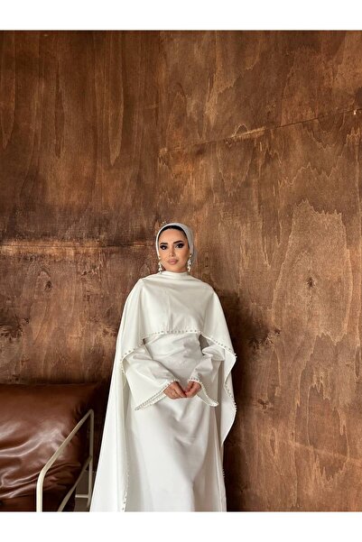 SAYRA Tesettür İnci Taş İşlemeli Uzun Abiye Elbise Şal Detaylı Özel Gün Davet...