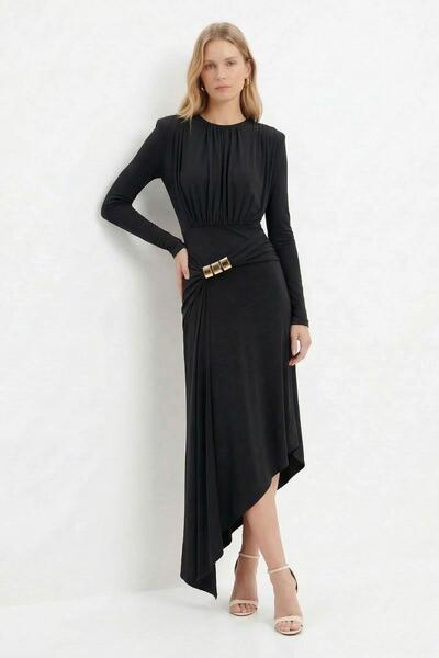 Rays Rochie neagră cu umeri întăriți cu umeri cu încrețituri 252681