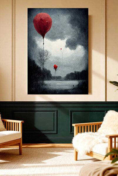 Mushen Studio Red Balloon and Gloomy Landscape Artistic Canvas Painting Gray-...