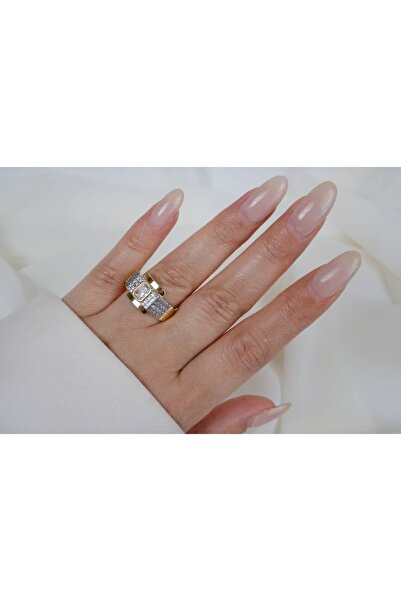 ATELİER TUĞBA Yzk397 Baget Stone Wide Band Gold Adjustable Ring