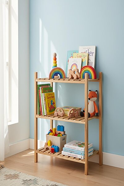 Exent , Dekoratif 3 Raflı Doğal Ahşap Çocuk Odası Kitaplık, Çok Amaçlı Raf
