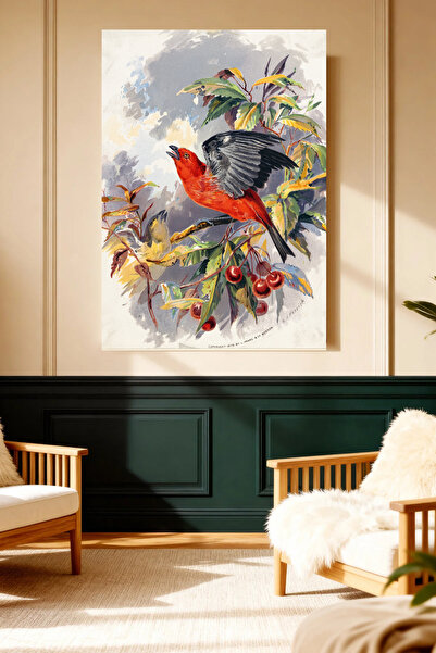 Mushen Studio Red Bird Cherry Branch Tablou vintage pe pânză, imprimare cu so...