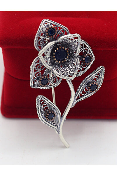 Midyat Nurtaş Gümüş Safir Taşlı Zambak Model Telkari Gümüş Kadın Broş 201025412