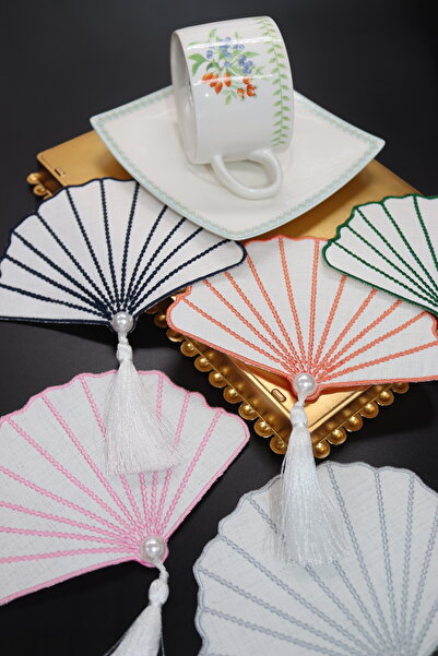 vipceyiz Yelpaze Patterned Tasseled Embroidered Coasters Set of 6