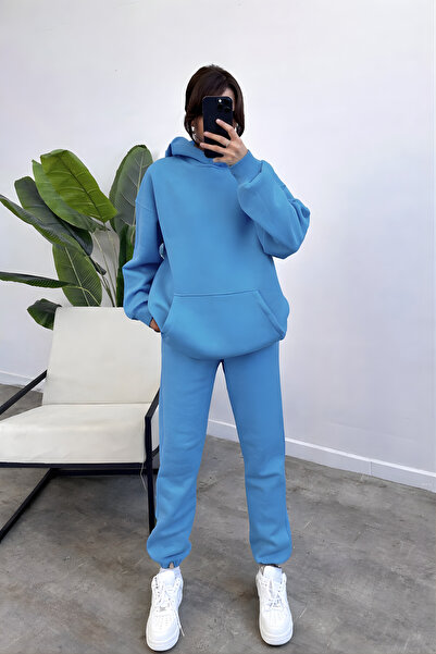 YAKAMEL Kadın Oversize Trend Model Kanguru Cep Kapşonlu Sweatshirt Eşofman Ta...