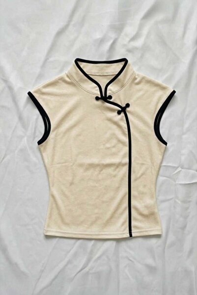 Köstebek Guler mandarin ecru cu dungi negre Qipao Y2K cu mâneci scurte crop