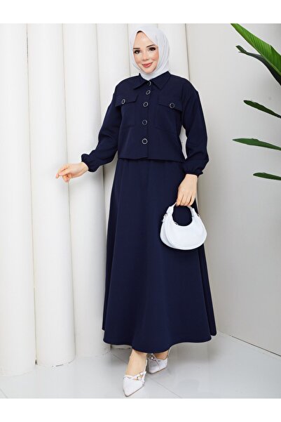 Rema Asel Dual Pocket and Double Cover Button Detail Skirt Suit