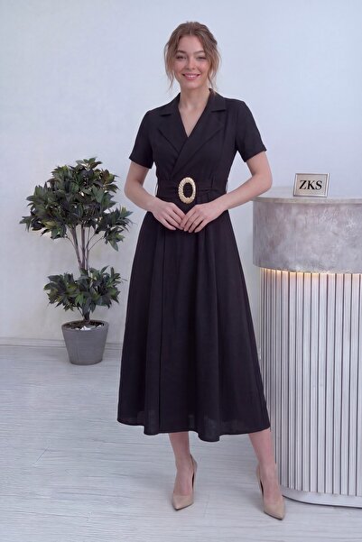 zks grup tekstil Women's Double-Breasted Collar Gold Detail Belted Dress Brow...