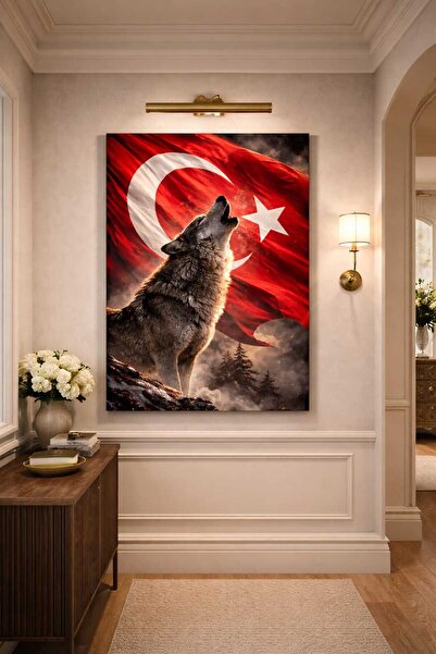 EMİLART Türk Bayrağı ve Kurt Dekoratif Kanvas Tablo- Ev Ofis şıklık katın