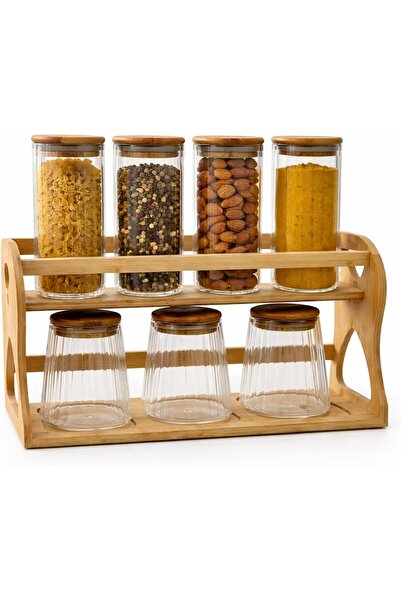 TOSHIONICS 7-Piece Glass Spice Jar Set with 2 Tier Bamboo Rack – Borosilicate...