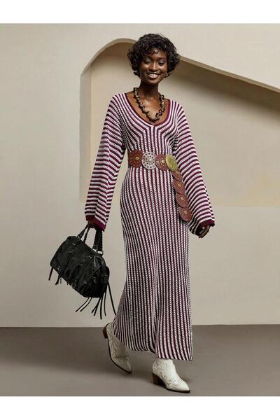 Sea Style Burgundy Striped Knitwear Long Dress V-Neck, Bohemian Stylish Casua...