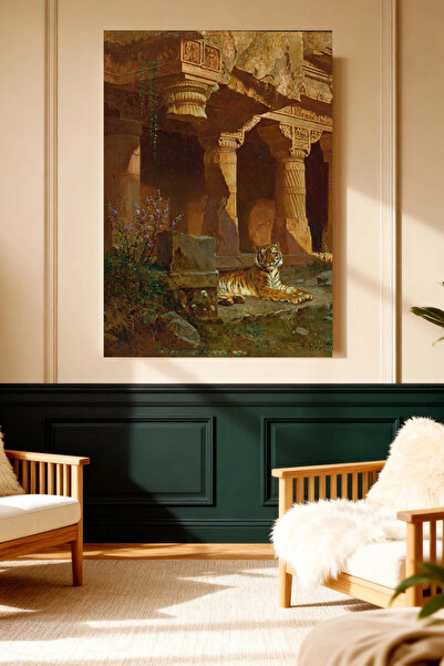 Mushen Studio Tiger and Temple Vintage Art Canvas Print