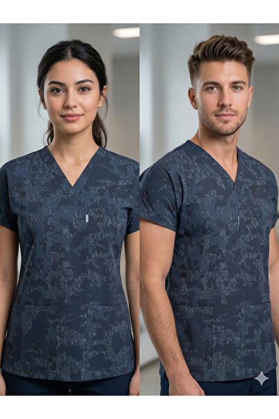 temex DESENLİ SCRUBS TEK ÜST LACİVERT DESENLİ HEMŞİRE DOKTOR FORMASI İŞÇİ KIY...