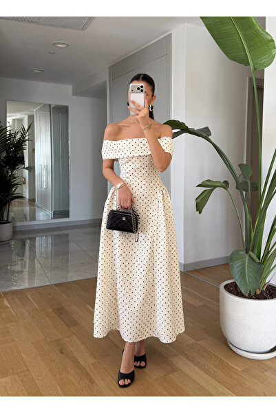 My Blog Εκρού Φόρεμα Μίντι με Γιακά Μαντόνα Πουά τεμαχίων - 00888