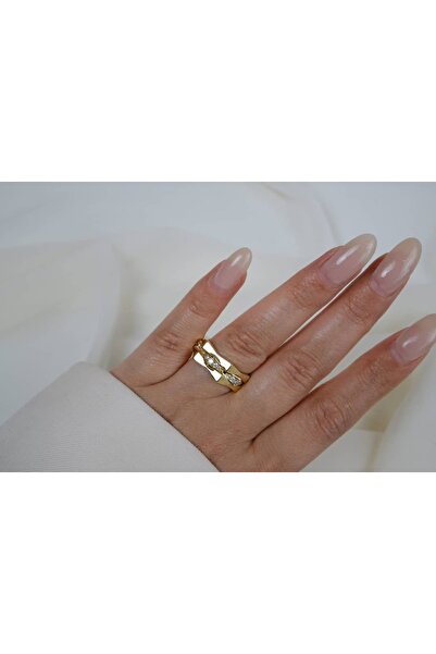 ATELİER TUĞBA Yzk379 Special Series White Stone Detail Thick Band Ring Gold
