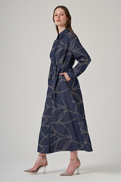 Nuss Buttoned Front Sequin Detailed Belted Dress 2044 Denim