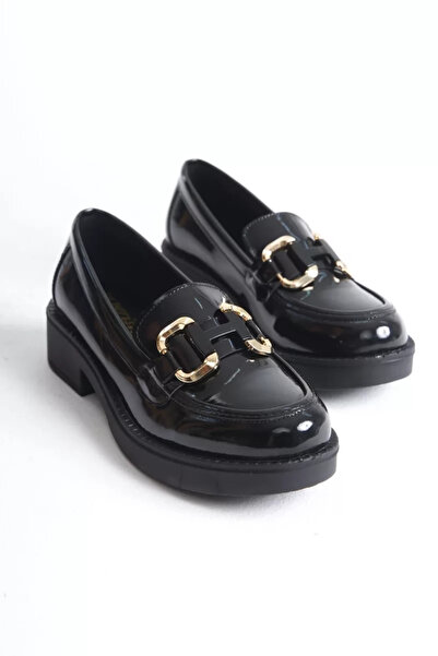 Belinora Loafer de damă cu cataramă din piele lacuită, neagră, aurie TR17MS02A