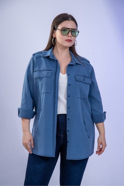 Roxxlen Cămașă pentru femei mărime mare gabardină cu detaliu la buzunar Bleumarin