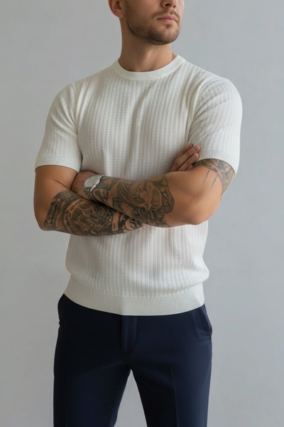 ModaYaren Men's Knitted Detail Biskilet Collar Regular T-Shirt -Mdy-10248