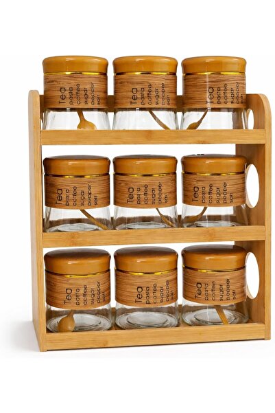 TOSHIONICS Bamboo Spice Rack with 9 Glass Jars – 3 Tier Organizer with 700ml ...