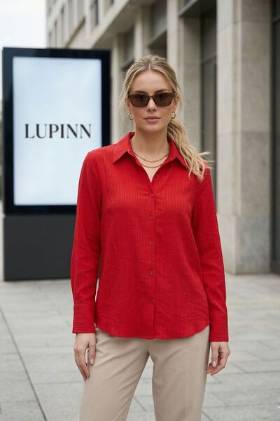 Lupinn Жіноча червона класична сорочка вільного крою з довгими рукавами та ґу...