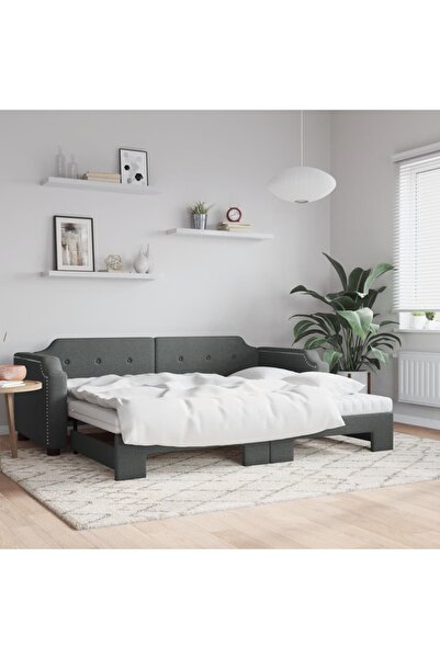 Concept Κρεβάτι ημέρας με προέκταση και στρώματα, σκούρο γκρι, ύφασμα 100x200 cm