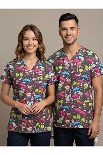 temex DESENLİ SCRUBS TEK ÜST FÜME ZEMİN RENKLİ DESEN HEMŞİRE DOKTOR FORMASI Ü...