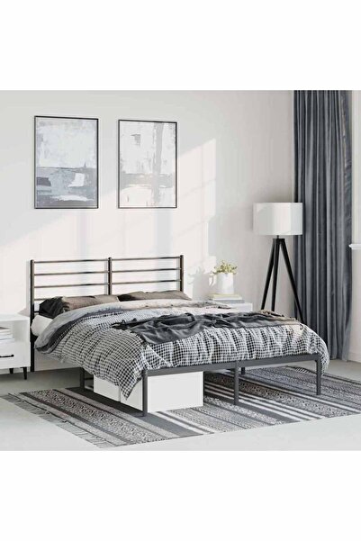 Concept Cadru de pat metalic cu tăblie, negru, 135x190 cm