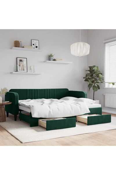 Concept Κρεβάτι ημέρας με επέκταση και συρτάρια σκούρο πράσινο 80x200 εκ. Βελ...