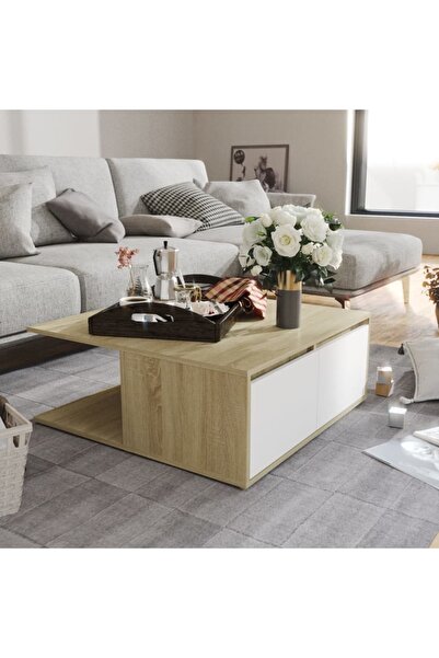 Concept Τραπεζάκι σαλονιού, λευκό και δρυς Sonoma, 80x80x31 cm, μοριοσανίδα