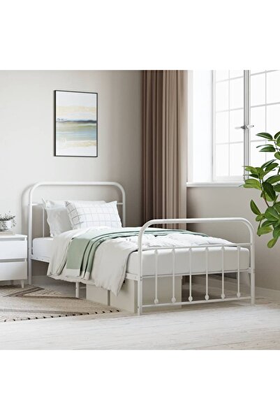 Concept Cadru de pat metalic cu tăblie de cap/picioare, alb, 107x203 cm