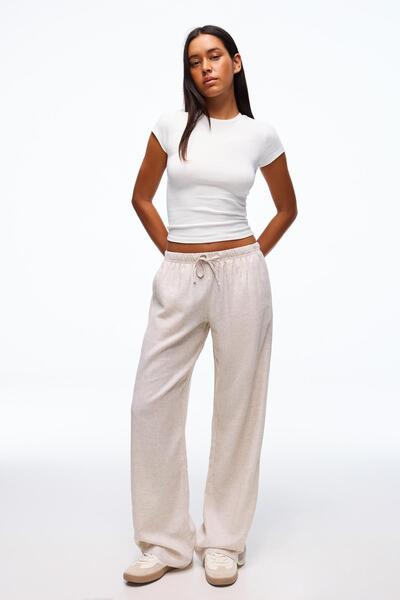 Bershka Beli lastikli keten görünümlü pantolon