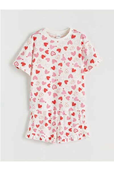 LC Waikiki M1 Sezon Ecru Heart Printed Girls' Shorts Pajama Set
