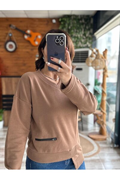 DISHI FASHİON V-Neck Asymmetric Sweatshirt with Front Zipper