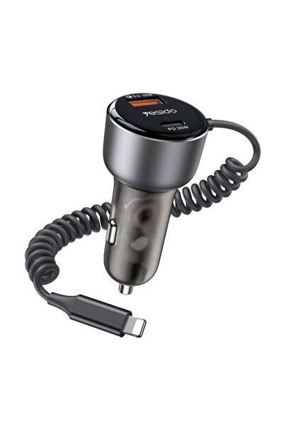 Yesido Încărcător auto, 50W, cablu Lightning, porturi USB și Type-C, negru