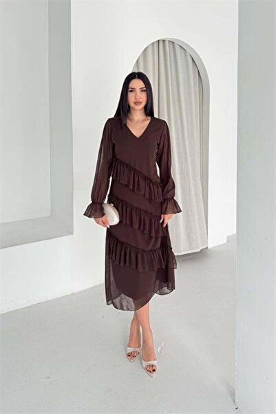 Dipmoda Women's Brown V-Neck Layered Ruffle Detail Midi Length Chiffon Dress ...