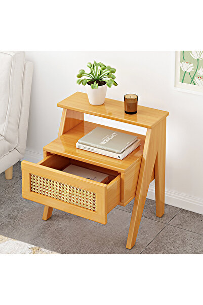 KEKE طاولة جانبية متينة وأنيقة للسرير مع درج ورف مفتوح، لون بيج، 50 × 31 × 43 سم