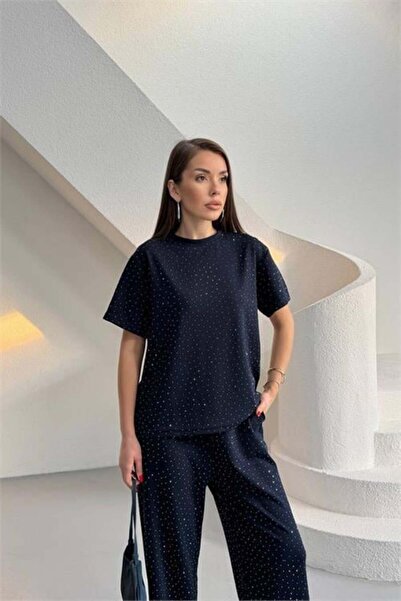 Dipmoda Women's Navy Blue Stone Detailed Double Basic Set Dpg126