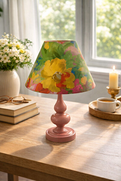 Natiorj Elite Serisi Pembe Ayaklı Kadife Abajur Şapkalı Masa Lambası Yatak Od...