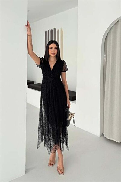 Dipmoda Women's Black Asymmetrical Cut Flock Printed Midi Length Dress Dpk078