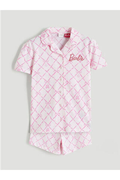 LC Waikiki M1 Sezon Pink Shirt Collar Barbie Printed Girls' Shorts Pajama Set