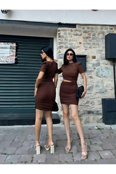 Modafeminen Low-Cut Waist Ruched Short Sleeve Dress 582997 Coffee