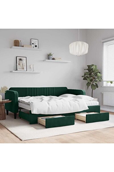 Concept Κρεβάτι ημέρας με επέκταση και συρτάρια σκούρο πράσινο 80x200 εκ. Βελ...