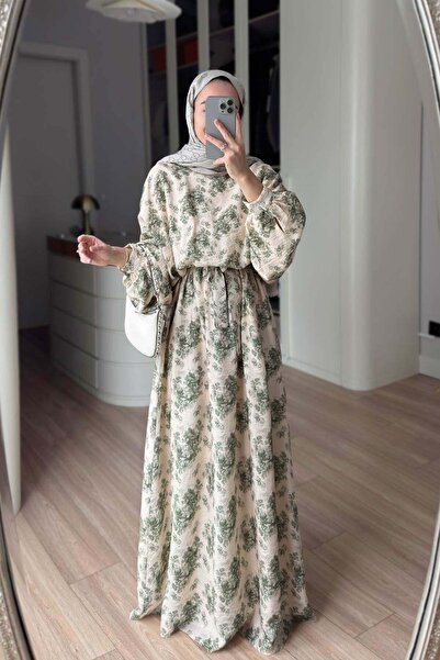 Ka Hijab Floral Print Bat Sleeve Lined Dress - Khaki