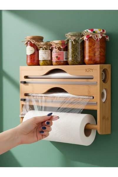 St Morritz Bambu Raflı Streç Folyo ve Kağıt Havlu Organizeri 40x27x9 cm