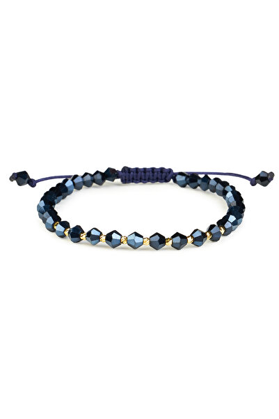 One Gold Bracelet with 10 beads 14K Gold "585" and Blue Crystals, adjustable